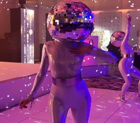 MIRROR THEMED ENTERTAINMENT- GLITTER BALL DANCERS TO HIRE - MIRROR BALL DANCERS WALKABOUT BOOK