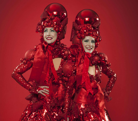 Food themed ENTERTAINMENT - RED-XMAS BAUBLE-XMAS-STILT-WALKERS-TO-HIRE