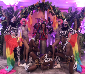 NEON Jungle themed entertainment package -zebra & tropical bird dancers, drummers, african acrobats