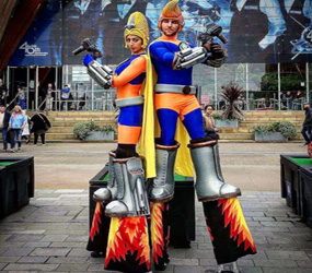 Space Rangers Stilts - fun futuristic stilts with bubble guns - great for family events 